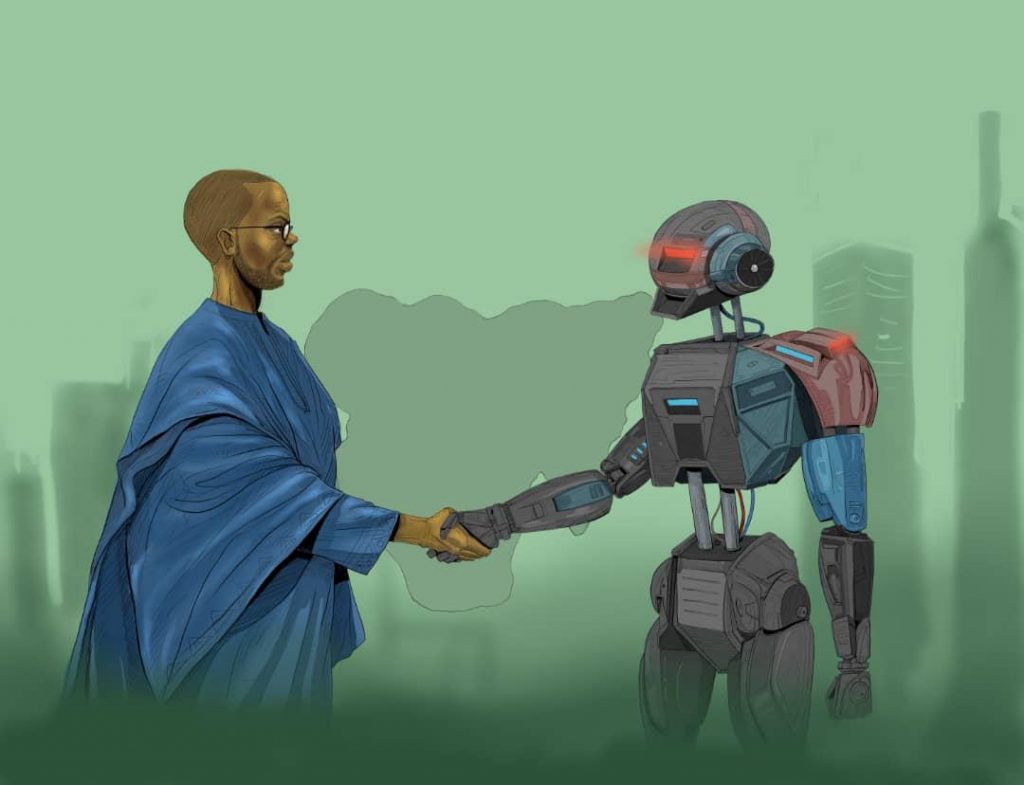 Nigerian shaking hands with a robot
